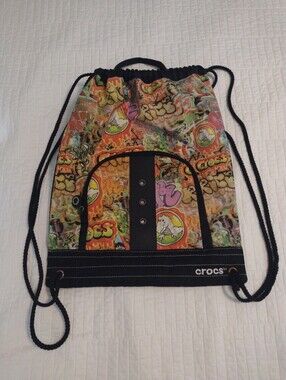 Crocs Graffiti Drawstring Backpack Bag Unisex Crocodile Front Zip Pocket Green